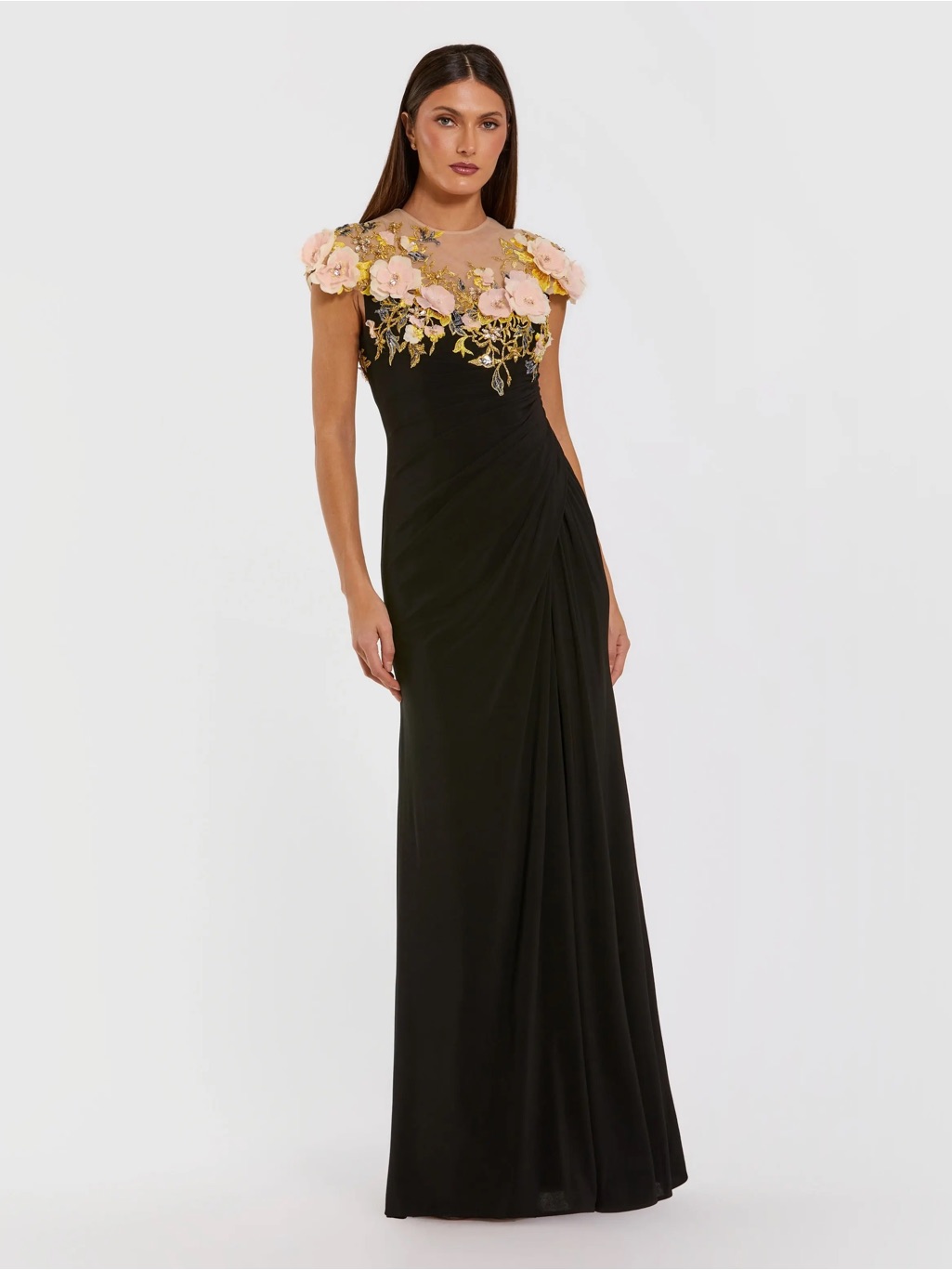 Mac Duggal 13207 Black Multicolor Evening Gown With Pink Floral Applique